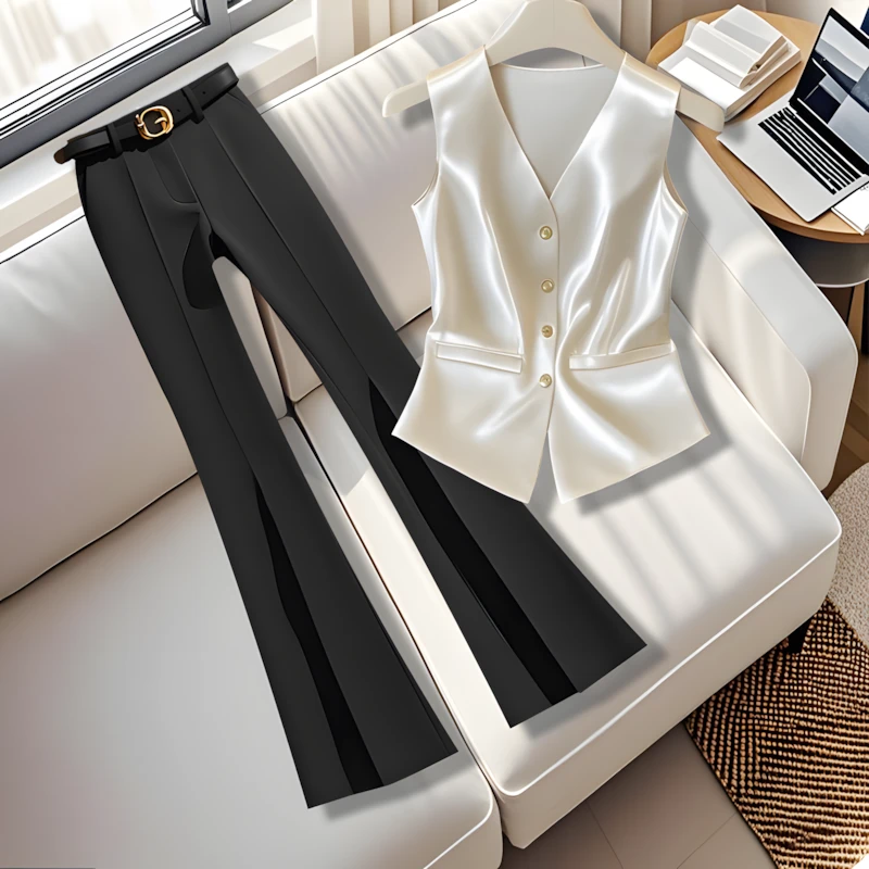 法式气质高级感V领马夹坎肩背心女夏季新款时尚黑色休闲长裤套装