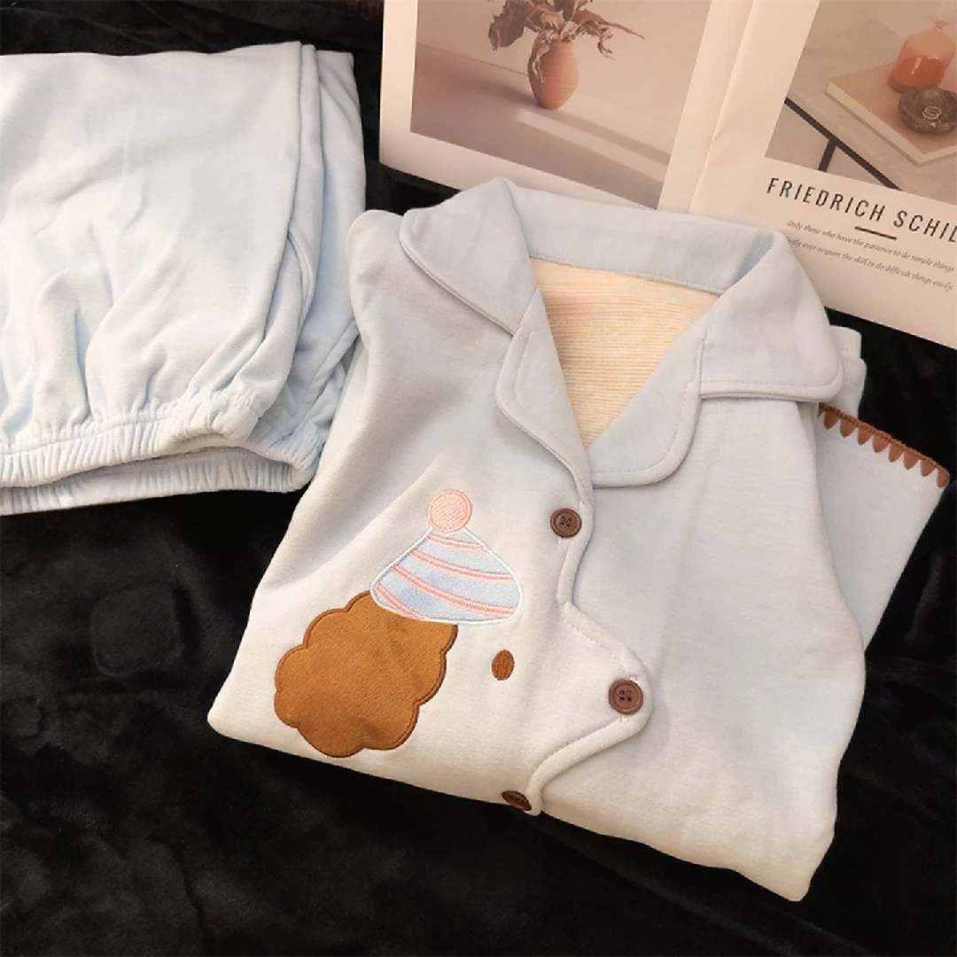 德绒睡衣女秋冬季保暖加厚磨毛日系可爱小狗刺绣少女可外穿家居服