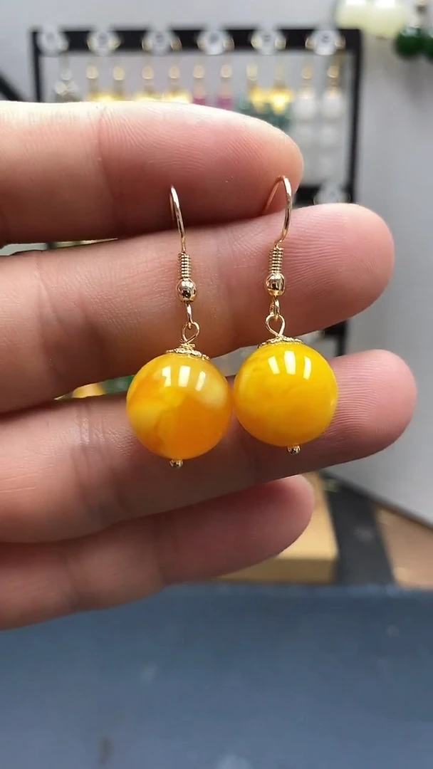 蜜蜡银S925镀金镶嵌耳饰尺寸14mmC6