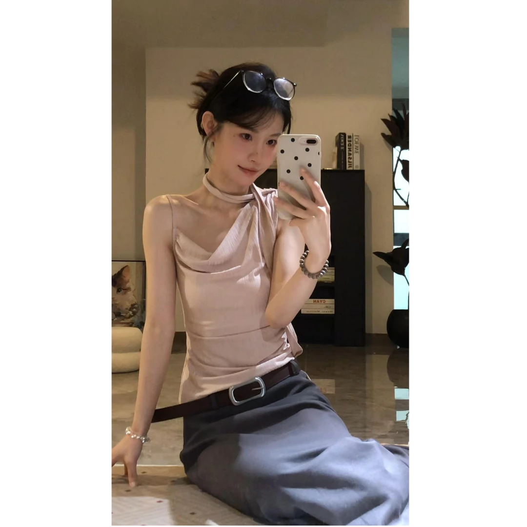 夏季新款斜肩飘带挂脖吊带法式设计感纯欲无袖上衣半身裙套装潮