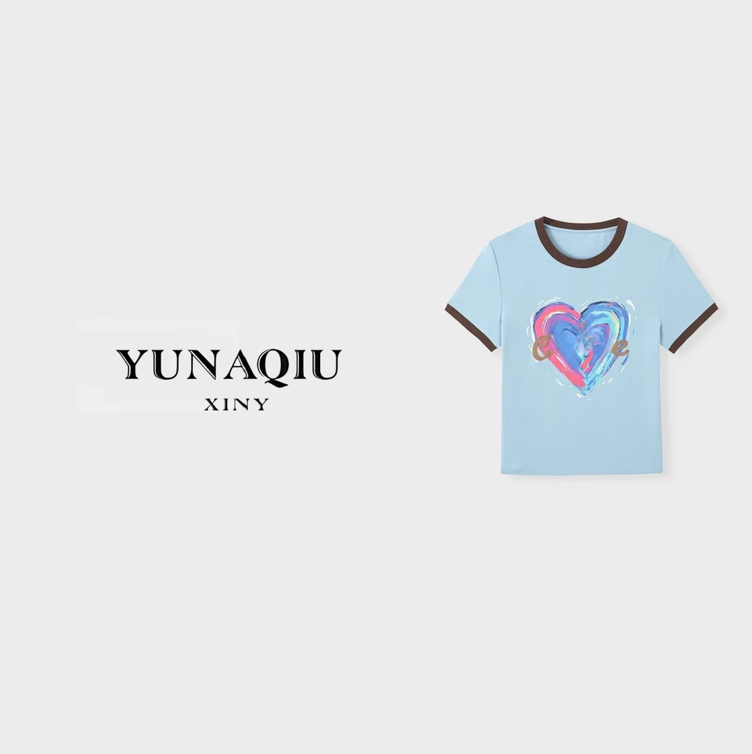 YUNAQIU 蓝色字母印花圆领T恤-9265