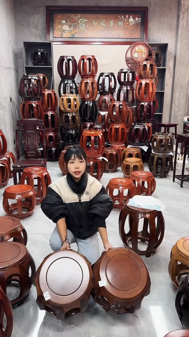 【闪购商品】花梨木类家具微瑕花梨木胡桃色小号鼓凳一对12号