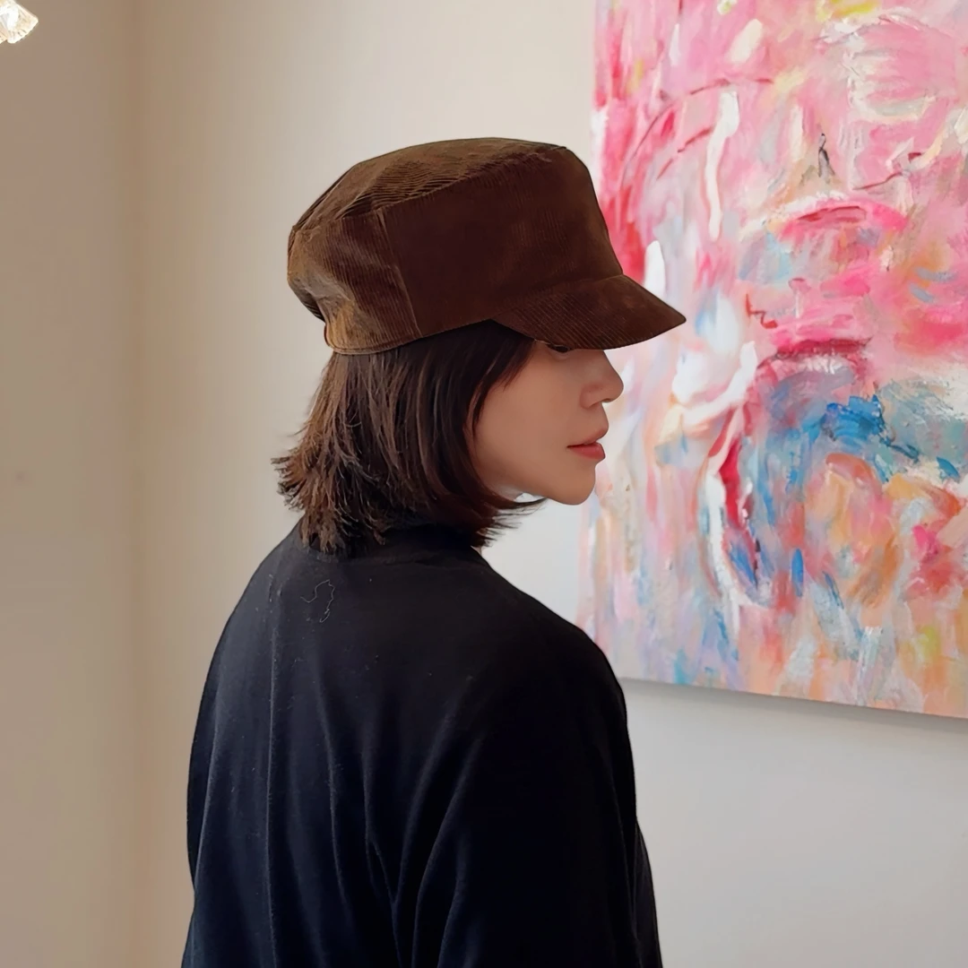 美拉德平顶鸭舌帽子女英伦复古风灯芯绒高级感深顶琥珀港风马术帽