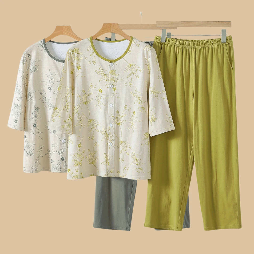 国风纯棉家居服中老年妈妈居家全棉宽松大码中袖薄款睡衣套装夏季