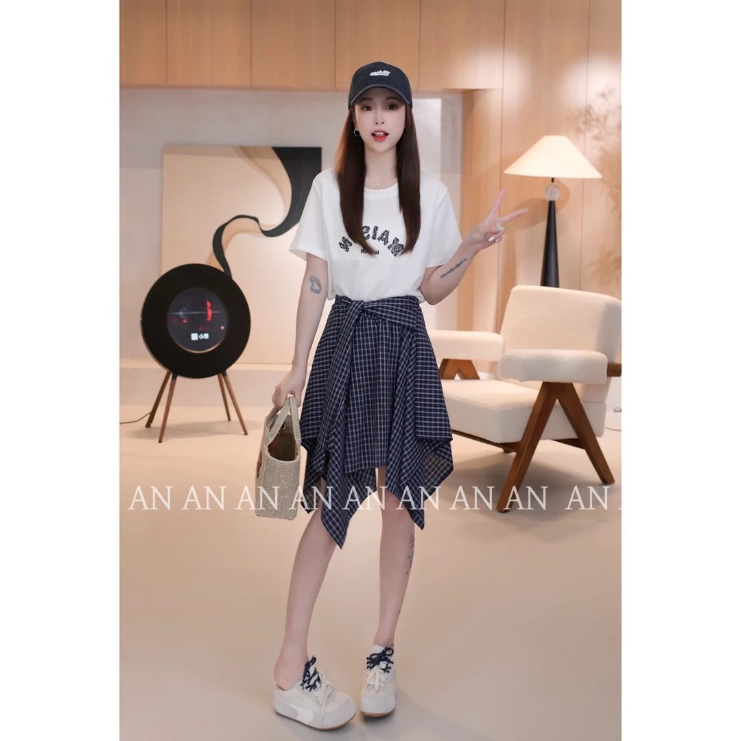 C04261夏季新款INS潮显瘦小个子百搭刺绣字母圆领T恤