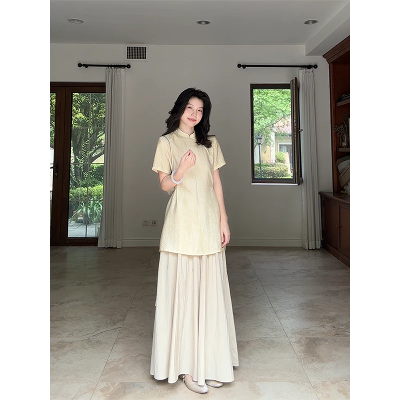 郭九九呢 天丝禅意风宽松阔腿裤新中式显瘦短袖上衣 G925A05645