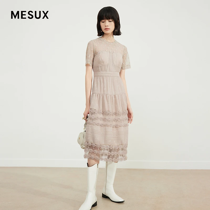 MESUX米岫日本进口蕾丝提花拼接礼服裙MJFUO404