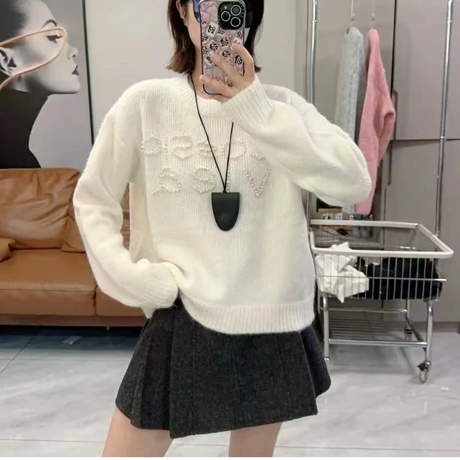 秋冬季新款重工设计珠珠字母舒适亲肤宽松显瘦减龄百搭针织毛衣-L