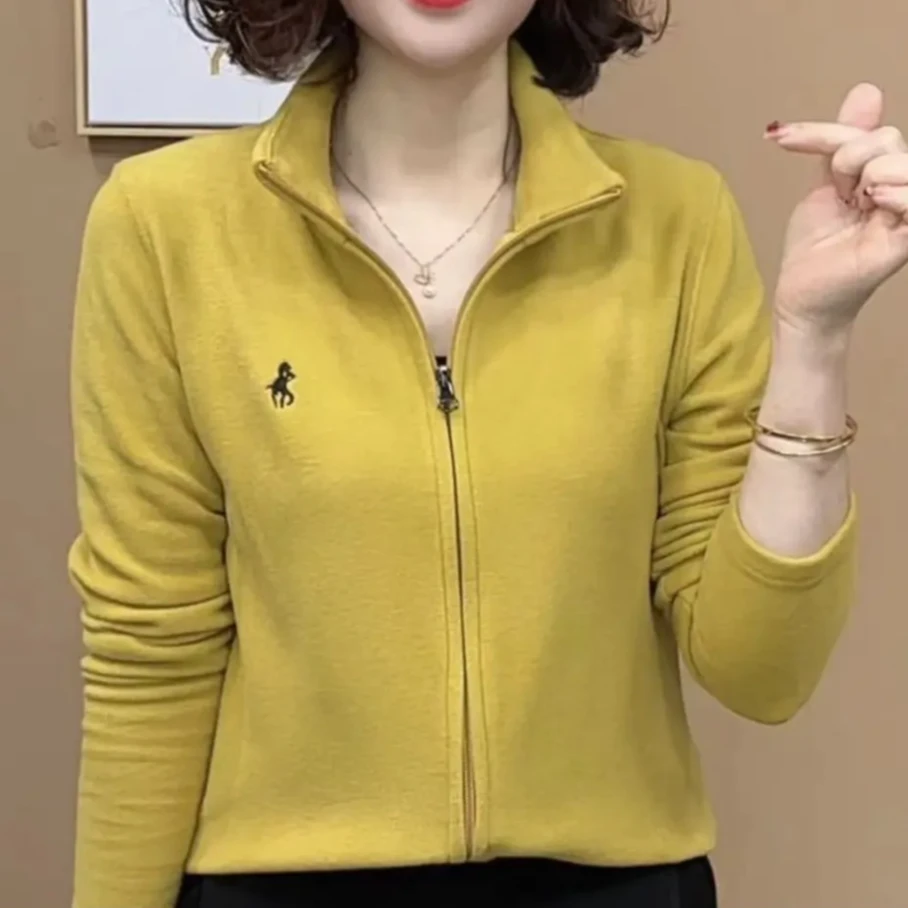 新款纯色开衫显瘦上衣女洋气百搭气质拉链刺绣长袖