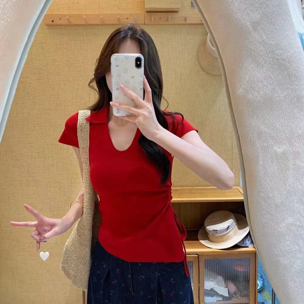 “慵懒时刻”夏季气质老钱风polo领抽绳针织衫氛围感#8961