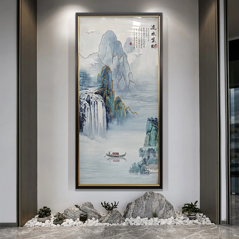 X196新中式入户玄关装饰画走廊过道尽头山水挂画进门高端实物画