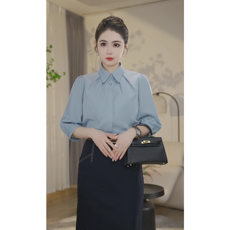 【曼曼甄选】流光风8592733灰蓝色衬衫女气质时尚小众法式衬衣