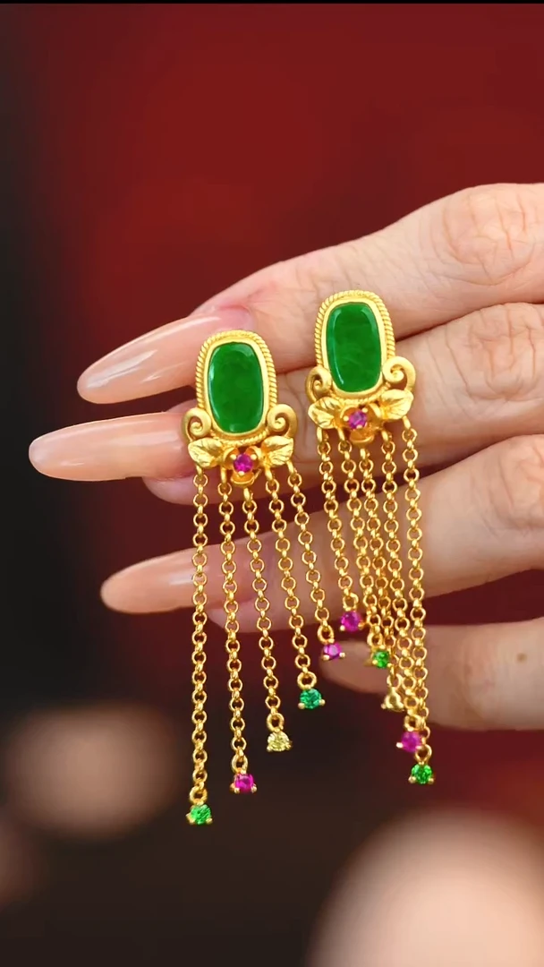 银S925镶嵌翡翠耳饰新款