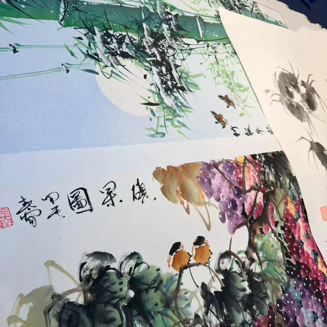 春雷手绘国画《硕果图，雪竹，螃蟹》，四尺，宣纸作品