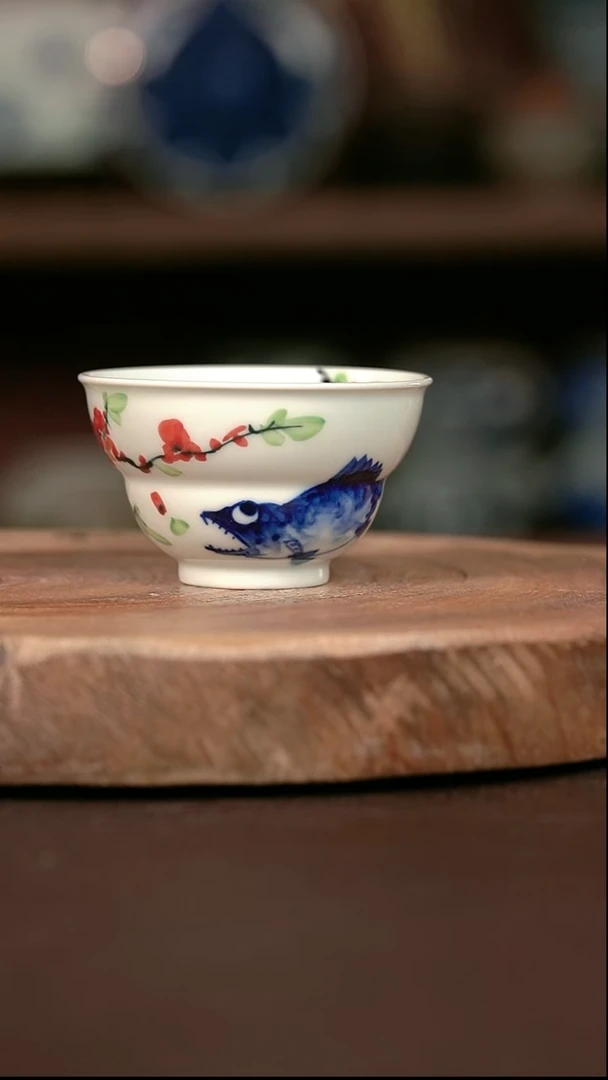 手绘 高温现代瓷 气窑  桃花鳜鱼肥葫芦杯90C