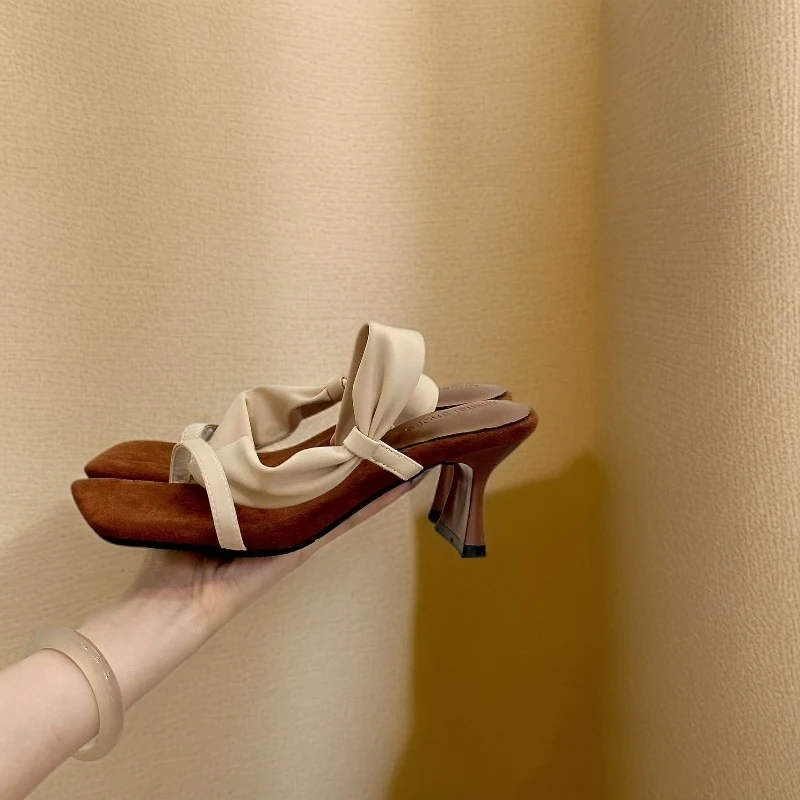 鞋跟高6公分 复古绒面方头一字带粗跟凉拖两穿凉鞋XLXY928-18款