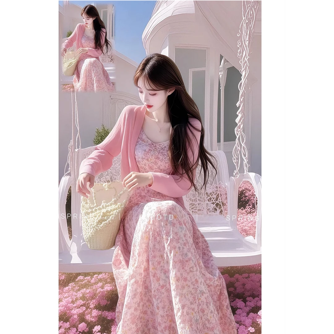 开春穿搭一整套大码胖mm粉色碎花连衣裙甜美减龄海边度假风套装女