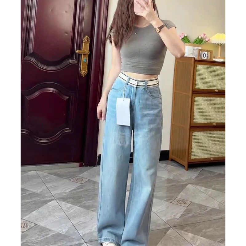 浅蓝色莱赛尔冰感阔腿牛仔裤女薄款2025年夏季宽松显瘦拖地直筒裤