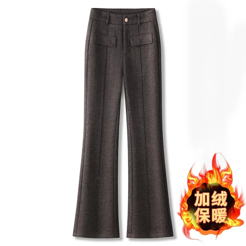 咖色高腰时尚毛呢微喇裤女今年秋季新款显瘦直筒休闲马蹄喇叭裤子