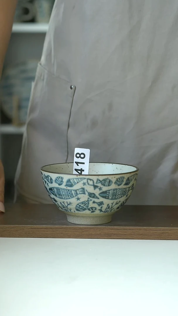 418微瑕粗陶手作海底世界12cm米饭碗@4-2@
