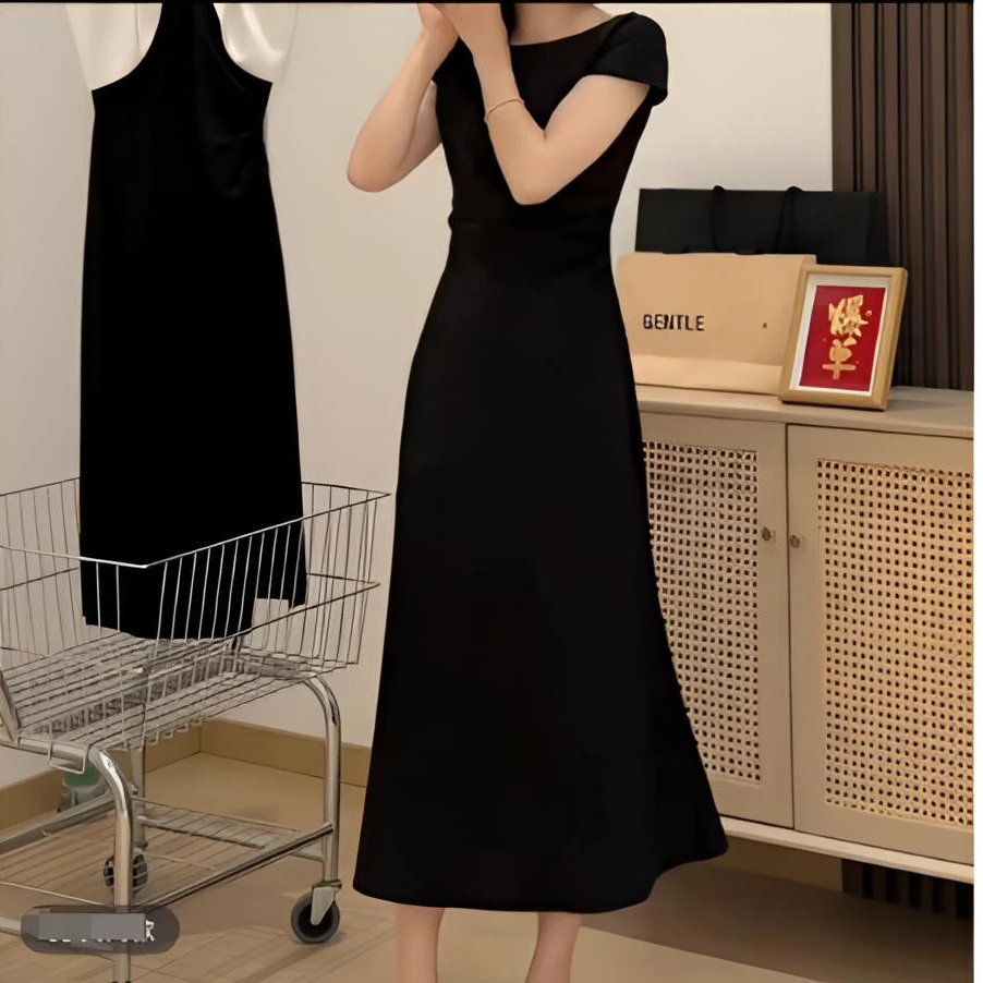 (在仓发货+运费补贴）夏季胖mm时尚气质风鱼尾裙连衣裙纯色小黑裙