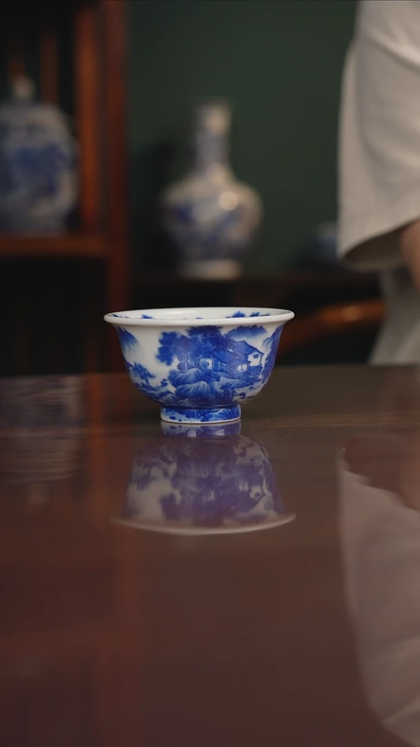 晓月柴窑 山水压手杯
