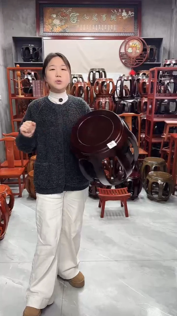 花梨木类家具【微瑕】胡桃色大号鼓凳8号
