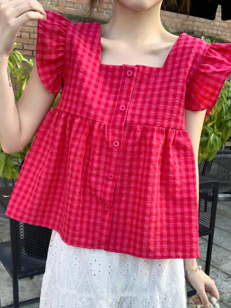 <101>A格子方领夏季女款法式格子衬衫夏季韩版芭蕾风慵懒风