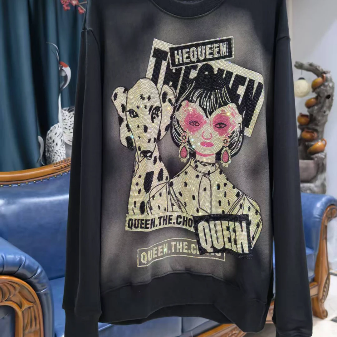 美女与狗女装上衣连帽黑色圆领宽松春季卫衣时尚休闲重工秋冬印花