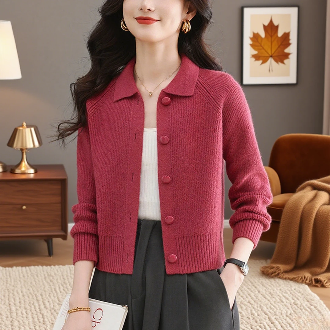 短款翻领毛衣小外套女春秋外搭羊毛衫小个子针织开衫