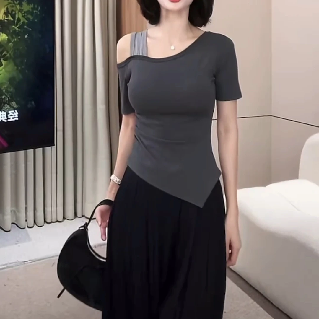夏季新款气质不规则上衣露肩T恤小众时尚修身显瘦短袖女