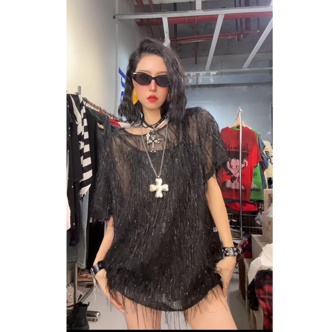 奇奇家 设计师款 亮丝流苏微透 清凉薄款黑色大版T恤