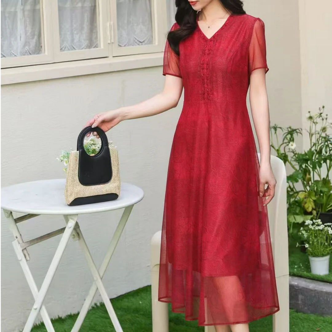 2025夏新品气质显瘦台湾纱时尚红色连衣裙中长款妈妈装喜婆婆裙子