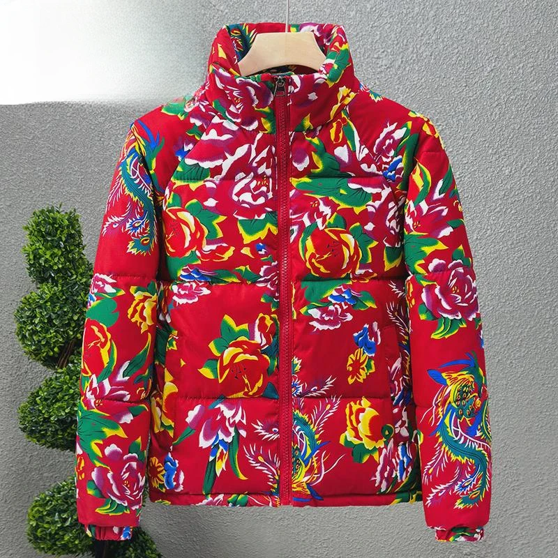 恒源祥集团彩羊红色褂子东北花棉袄立领棉衣男个性复古印花保暖棉