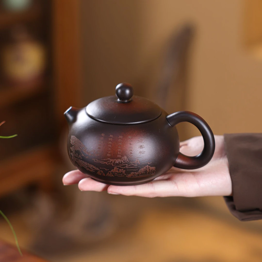 紫陶泡茶壶手工雕刻壶功夫茶具泡茶器单个陶瓷壶复古冲茶器中式