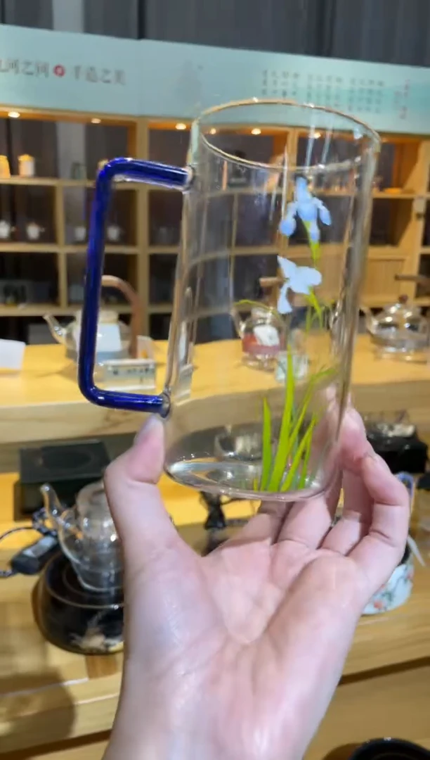 手工艺品玻璃竹节杯蓝色把手兰花