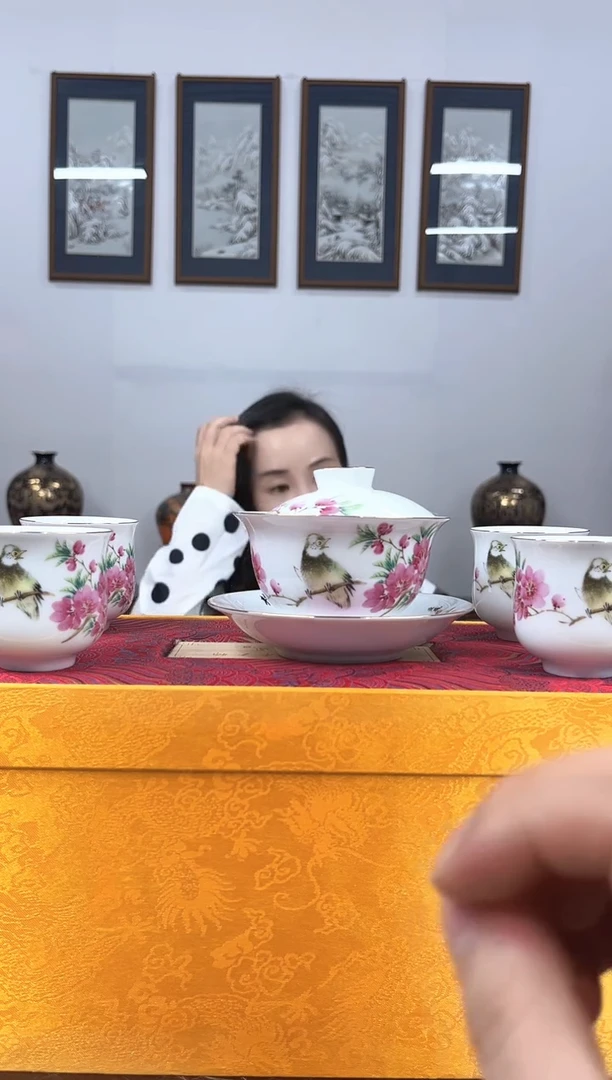 摆件B18-17 水点桃花盖碗茶具套组