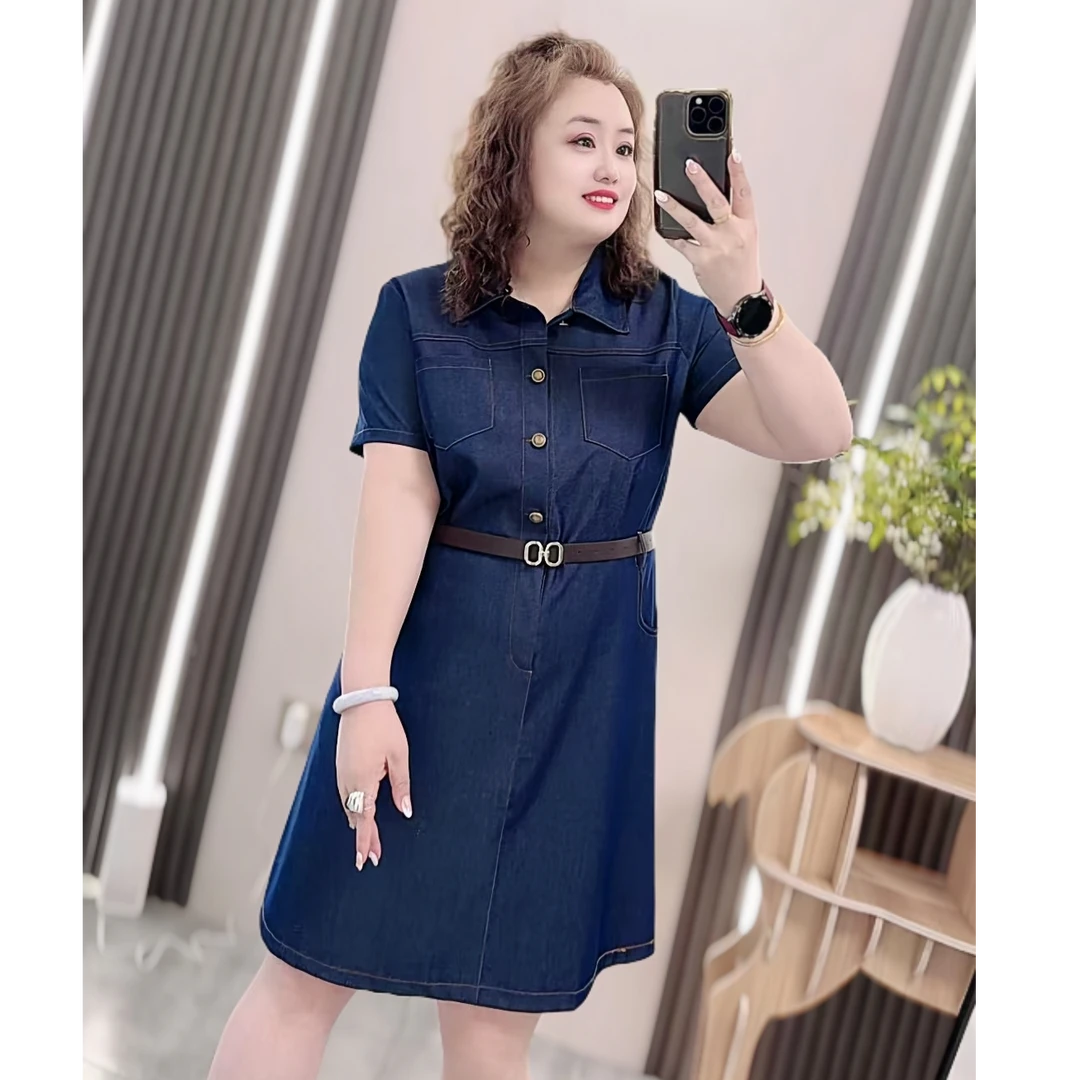 24035（丹姐家）大码翻领腰带纽扣连衣裙夏季款简约显瘦牛仔裙