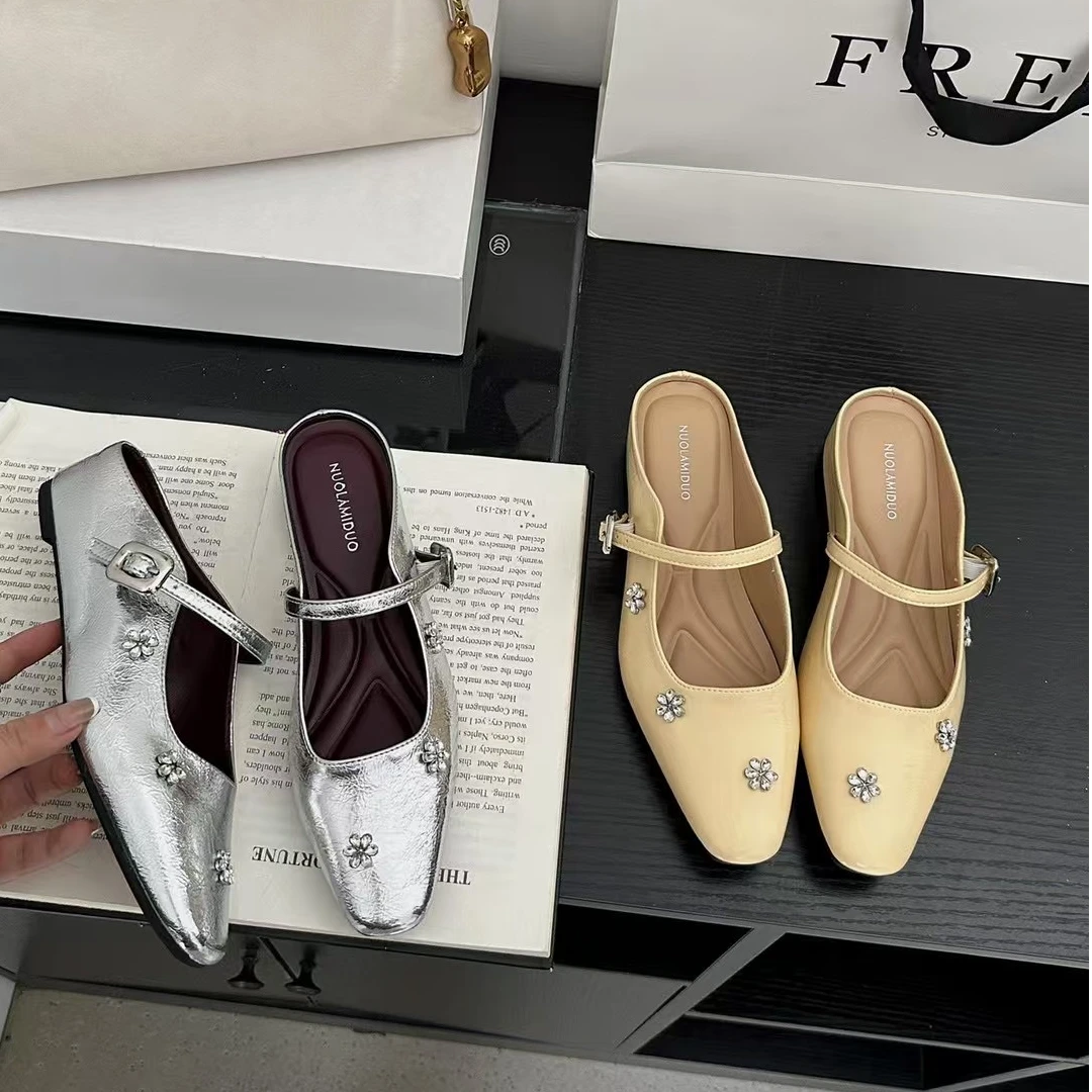 3公分~花朵水钻包半头凉拖高级感软底玛丽珍单鞋一脚蹬拖鞋女