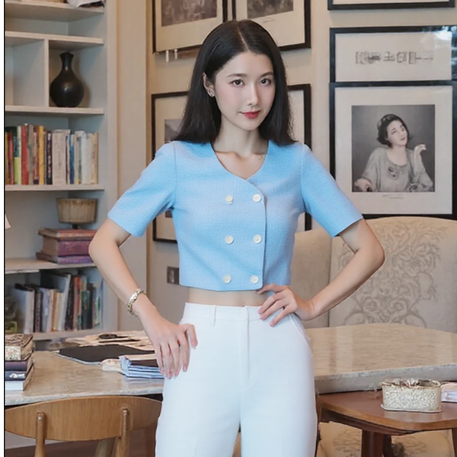 【籽言专属】双排扣V领短袖西装外套女修身休闲短款上衣KT20401