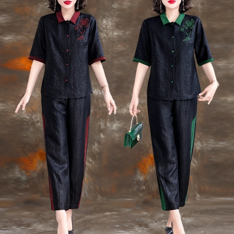 夏季新款国风套装女装新中式龟裂纹仿真丝宽松上衣复古宽松两件套