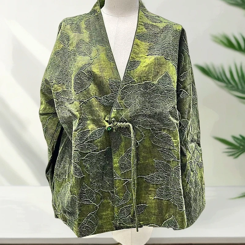 LN 2025新款设计师长袖柞蚕时尚国风绿色提花唐装外套24zh393-2