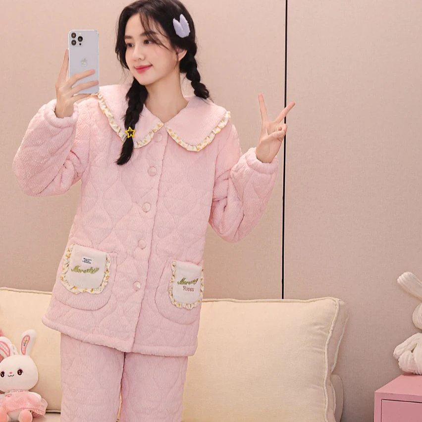 201-210年末甩货睡衣女冬季冬款三层加厚加绒夹棉珊瑚绒秋冬家