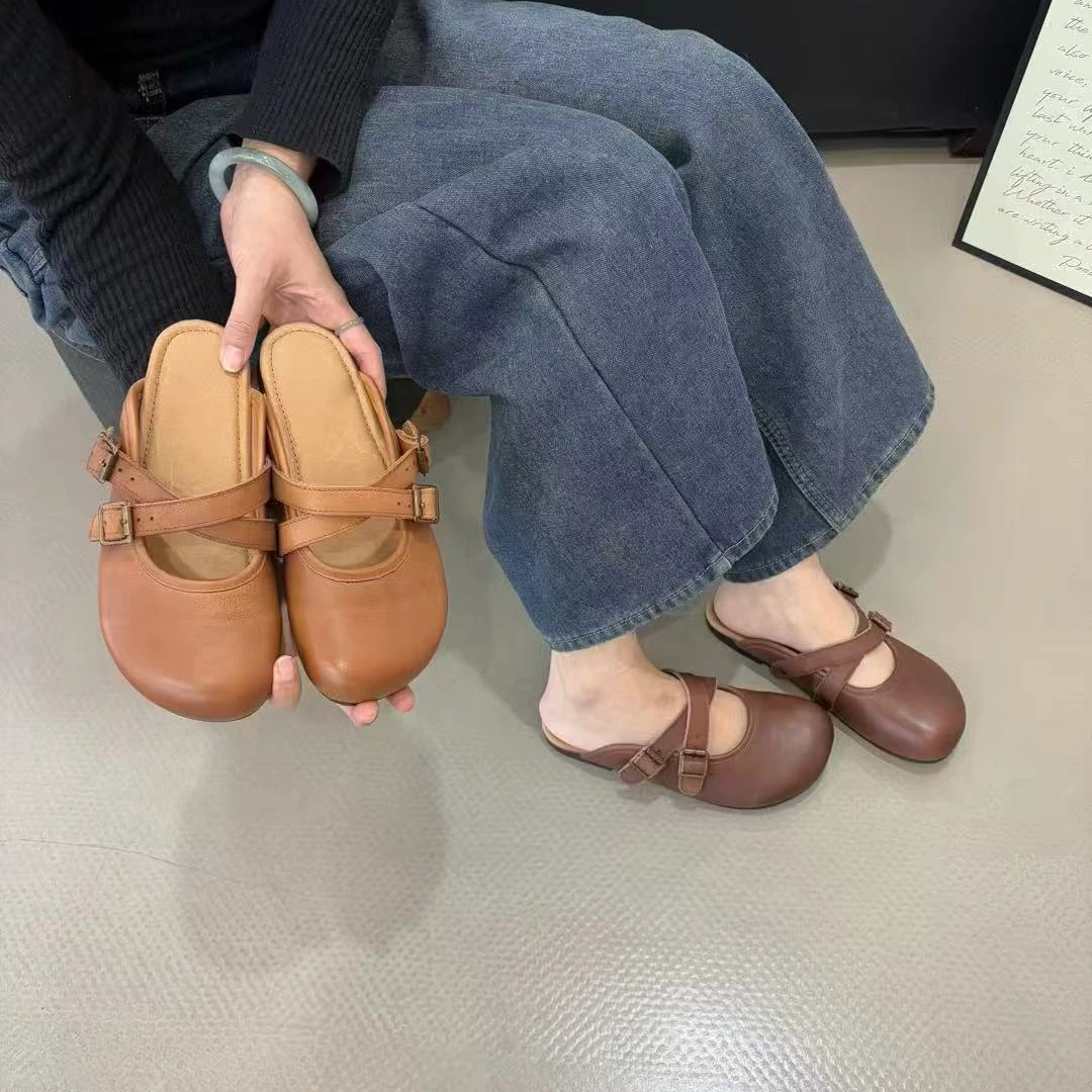 029-1【头层牛皮】风搭扣休闲风包头拖软底低跟头奶奶鞋夏季复古