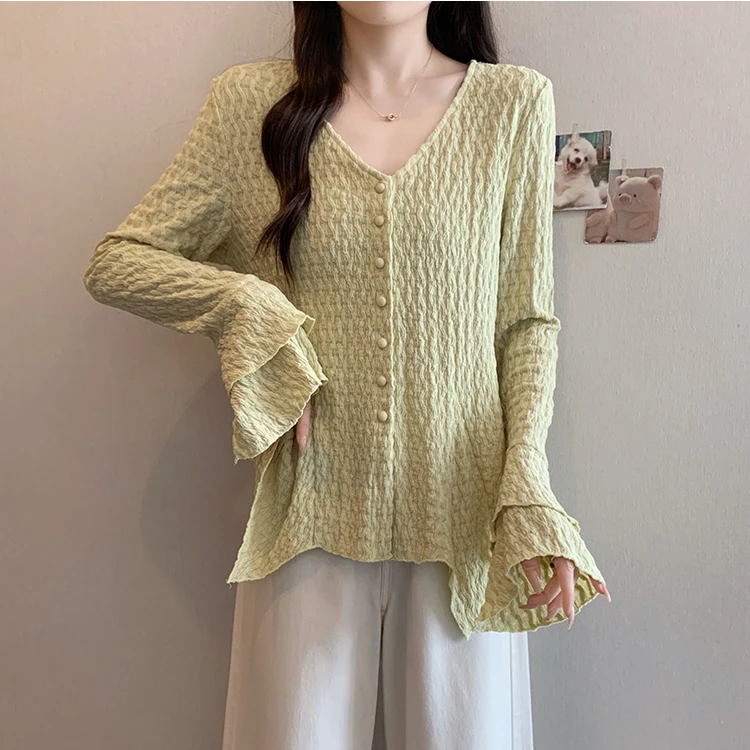 早秋2025新款法式肌理感V领长袖衬衫女大码胖MM遮肚显瘦收腰上衣