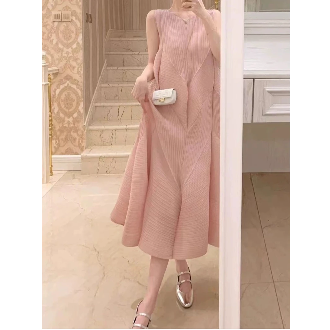 纯色花苞褶皱温柔甜美连衣裙女宽松舒适中长裙