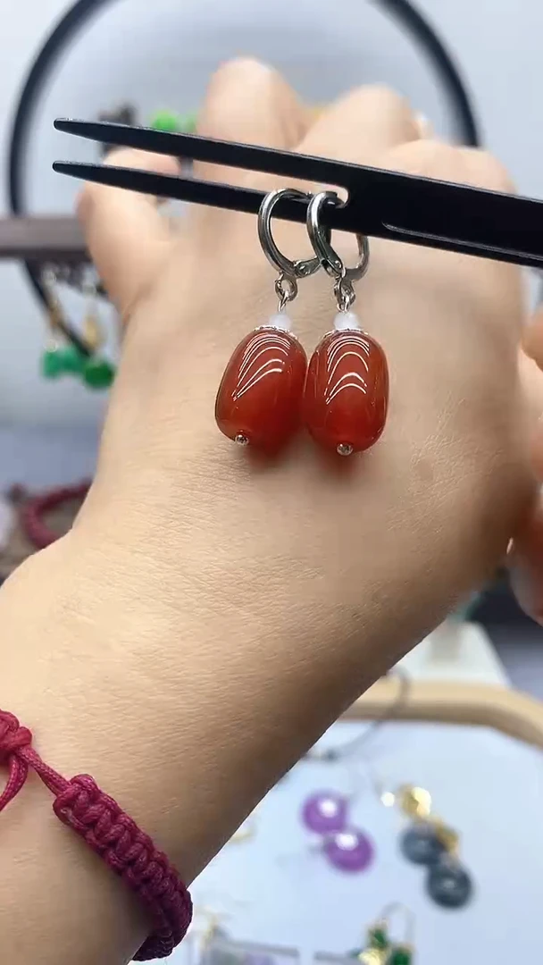 南红玛瑙银S925镶嵌耳饰176