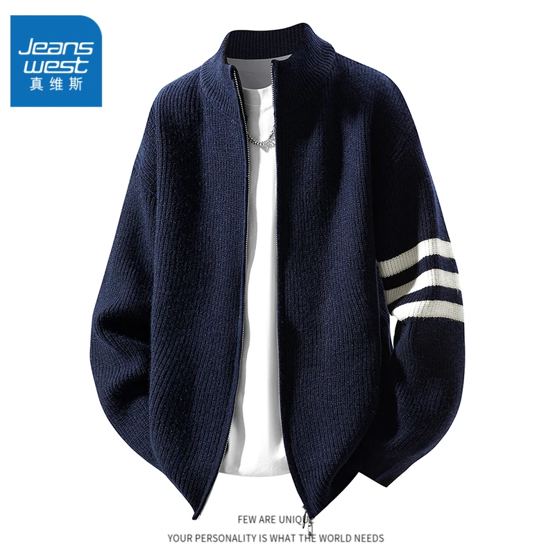 Jeanswest/真维斯美式慵懒风开衫毛衣男士秋冬季休闲针织衫外套男