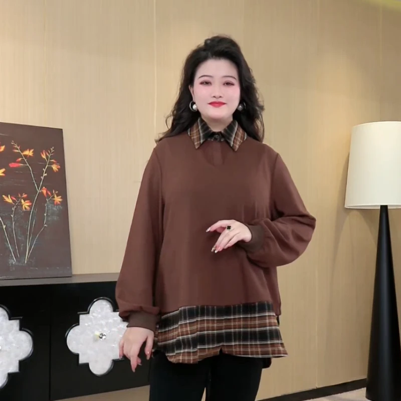 胖晶晶定制大码女装春季新款拼接假两件格纹翻领遮肉上衣241559