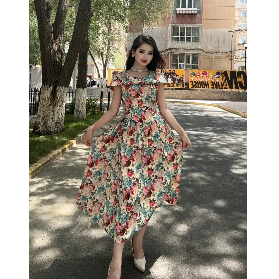 7635【】法式油画千金名媛时尚气质女装连衣裙